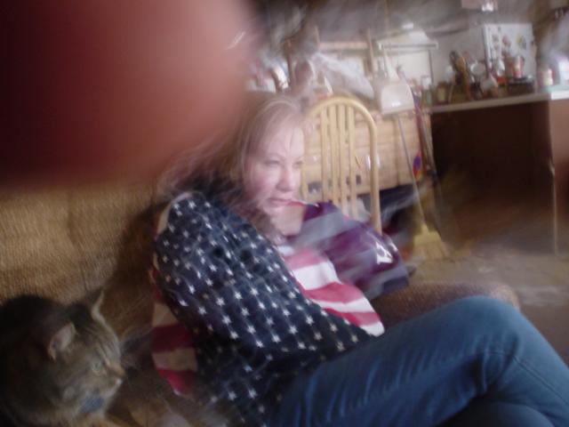 sharon in her flag sweatshirt